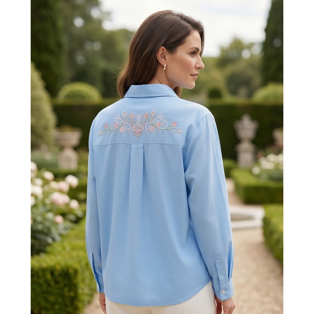 Susan Graver Style L Blue Linen Blend Embroidered Button Down Shirt Large